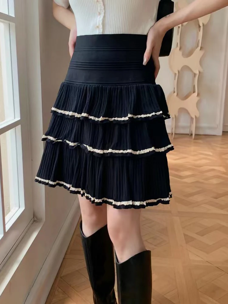 

Spring Autumn New French Ruffles Skirt Women Black White Stripes Elastic High Waist A-line Skirts Ladies Winter Fashion Jupe