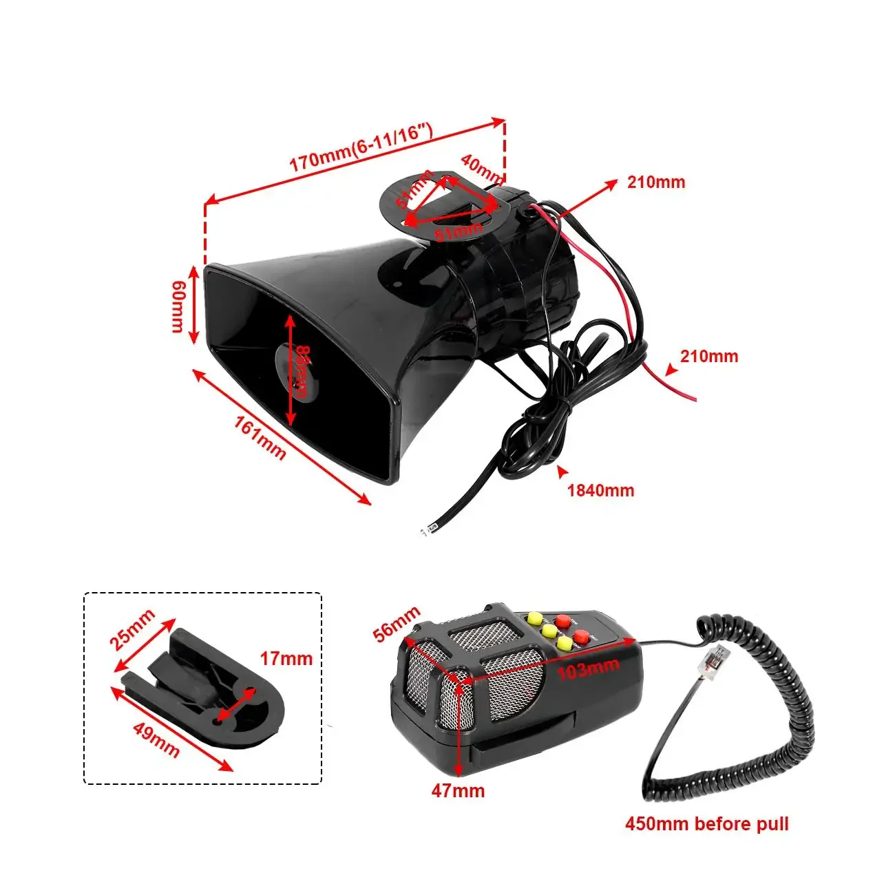 100W 12V Car Alarm 5 Sound Loud Police Fire Horn Siren PA Speaker MIC System Alarm Microphone System Kit