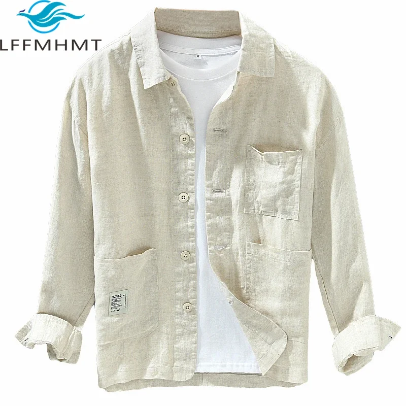 

089 100% Linen Premium Men's Shirt Soft Cozy High Quality Pockets Chic Patchwork Long Sleeve Solid Color Simple Basic Relax Tops