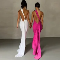 Women's One-Shoulder Sleeveless Maxi Dress Adjustable Scarf Loop Ruched Backless Bodycon Festival Party Outfit Elegant Long Gown - Image 5