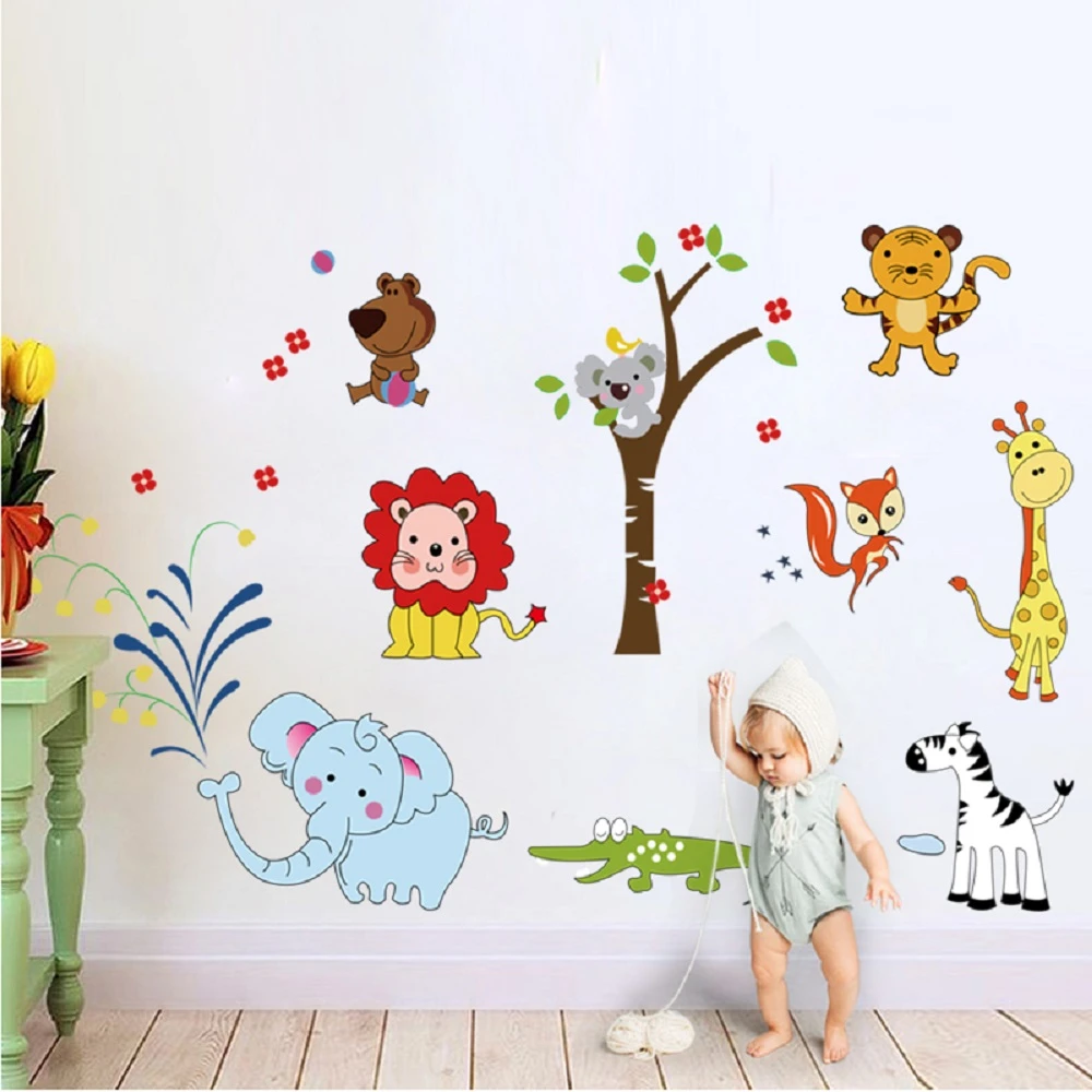 Animal Lion Elephant Wall Stickers Jungle Zoo Safari Decor Nursery Baby