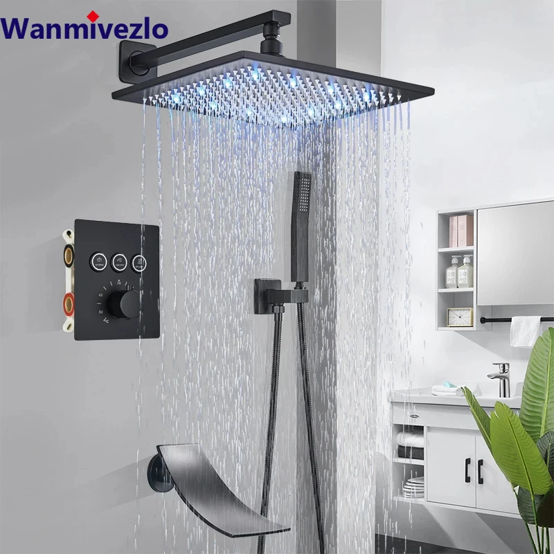 Black 8’/16’Thermostatic Bathroom Concealed Shower Faucet Rainfall Shower Head Wall Mounted Bathtub Mixer Tap Bath Shower Set