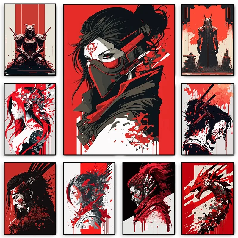 Japanese Cyberpunk Girl Cool Pop Art Poster Print Japanese Blood Red Samurai Canvas Painting Wall Art For Living Room Home Decor