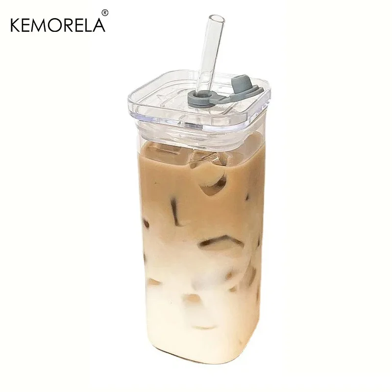 Heat-resistant square glass mug with lid and straw, 1/2/4/6 pcs.