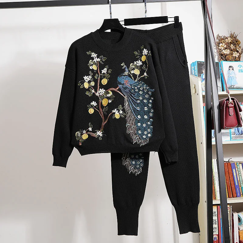 fashion-black-knitted-tracksuits-outfits-2pc-women-loose-peacock-embroidery-long-sleeve-sweater-pencil-pants-2-piece-set-female