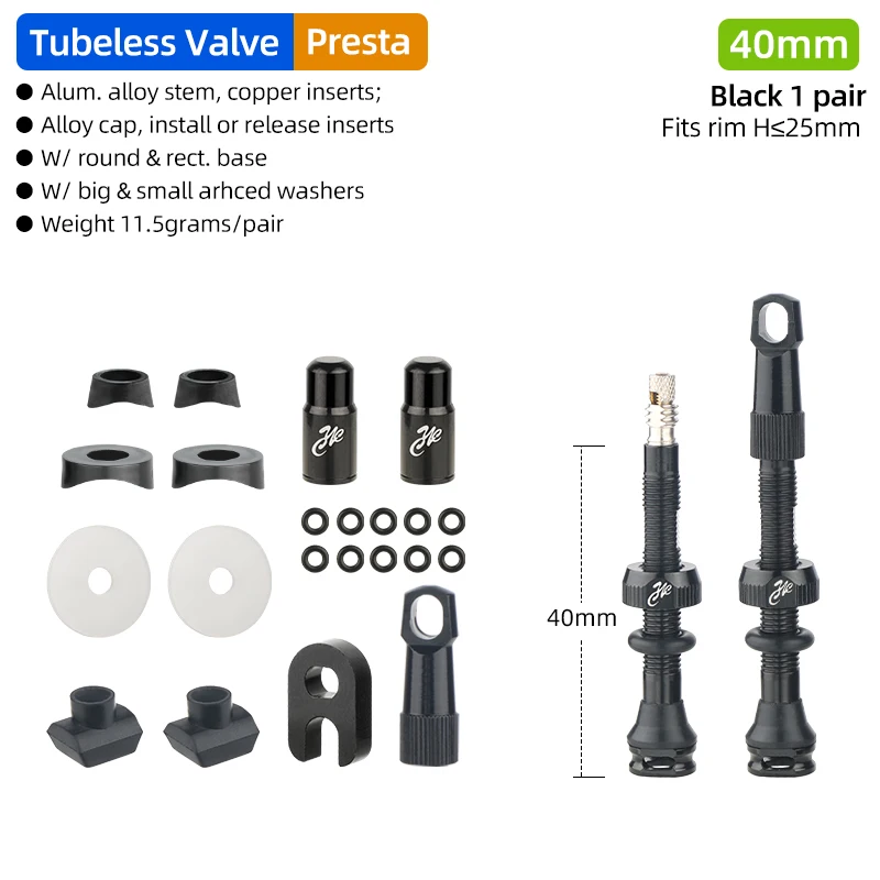 Tubeless Tire Valve for Carbon Rims with Detachable Brass Core and Cap - Multiple Sizes Available