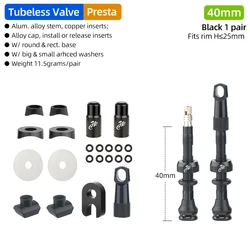 Tubeless Tire Valve for Carbon Rims with Detachable Brass Core and Cap - Multiple Sizes Available (Black 40MM 2pcs FA2)