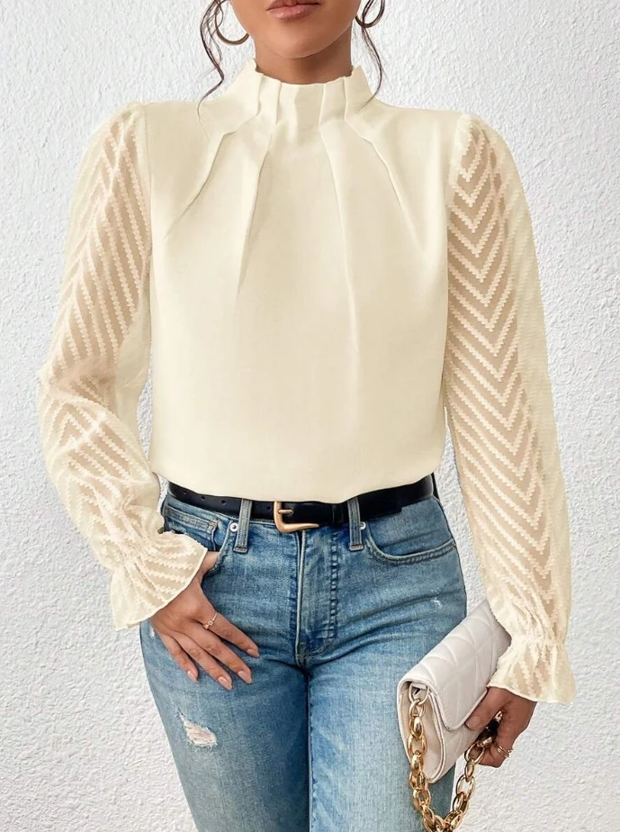 Блузка женская шифоновая с длинным рукавом, модный топ с полувысоким воротником и соединением с волнистым узором, пуловер, осень 2023