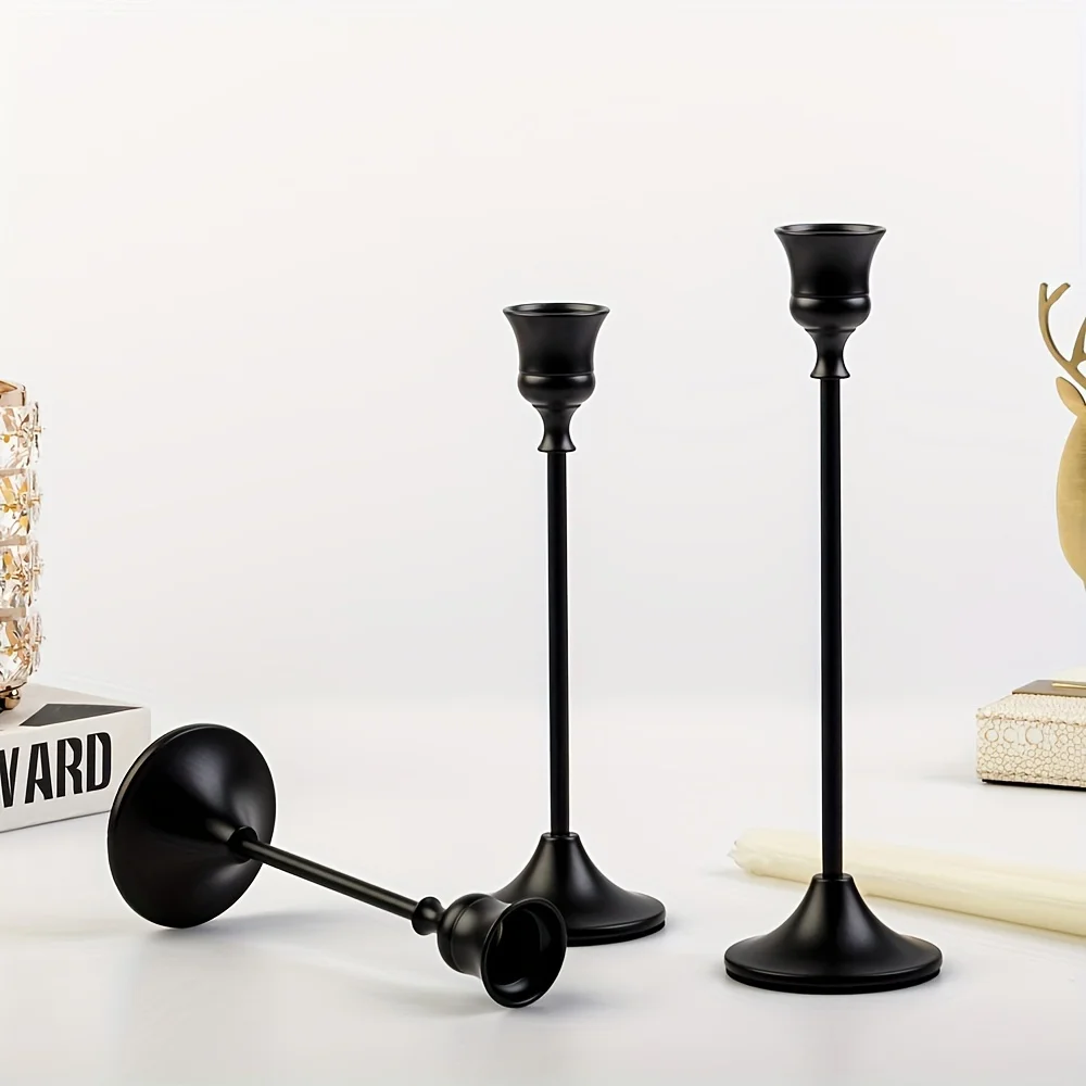 Set of 3 Romantic Metal Candle Holders-Matte Black Decorative Candle Bases for Christmas, Halloween, Easter