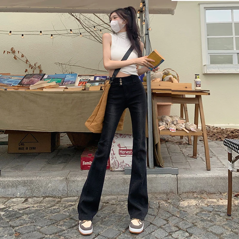 

Vintage High Waist Three Button Elastic Flare Jeans for Women