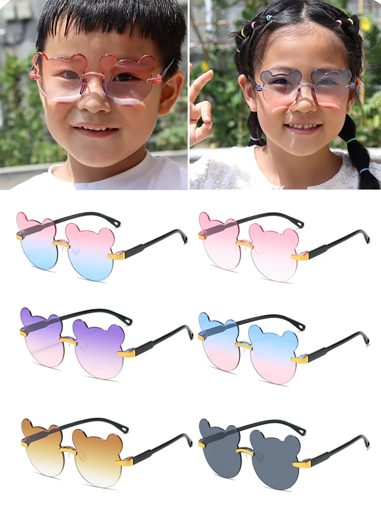 Girls Boys Cartoon Bear Rimless Sunglasses UV400 Children Retro