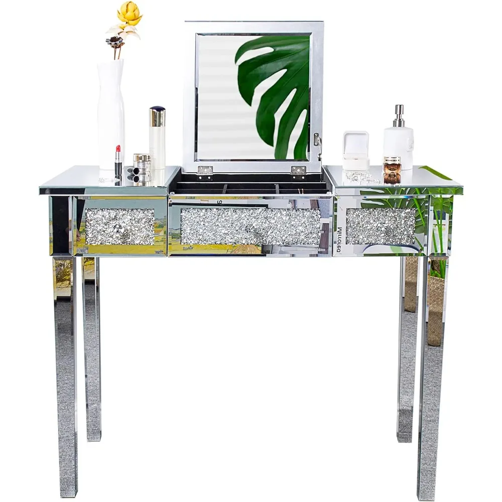 Mirrored Vanity Desk with Drawers and Flip Mirror, Glass Vanity,,Mirrored  Makeup Vanity Table for Bedroom 2