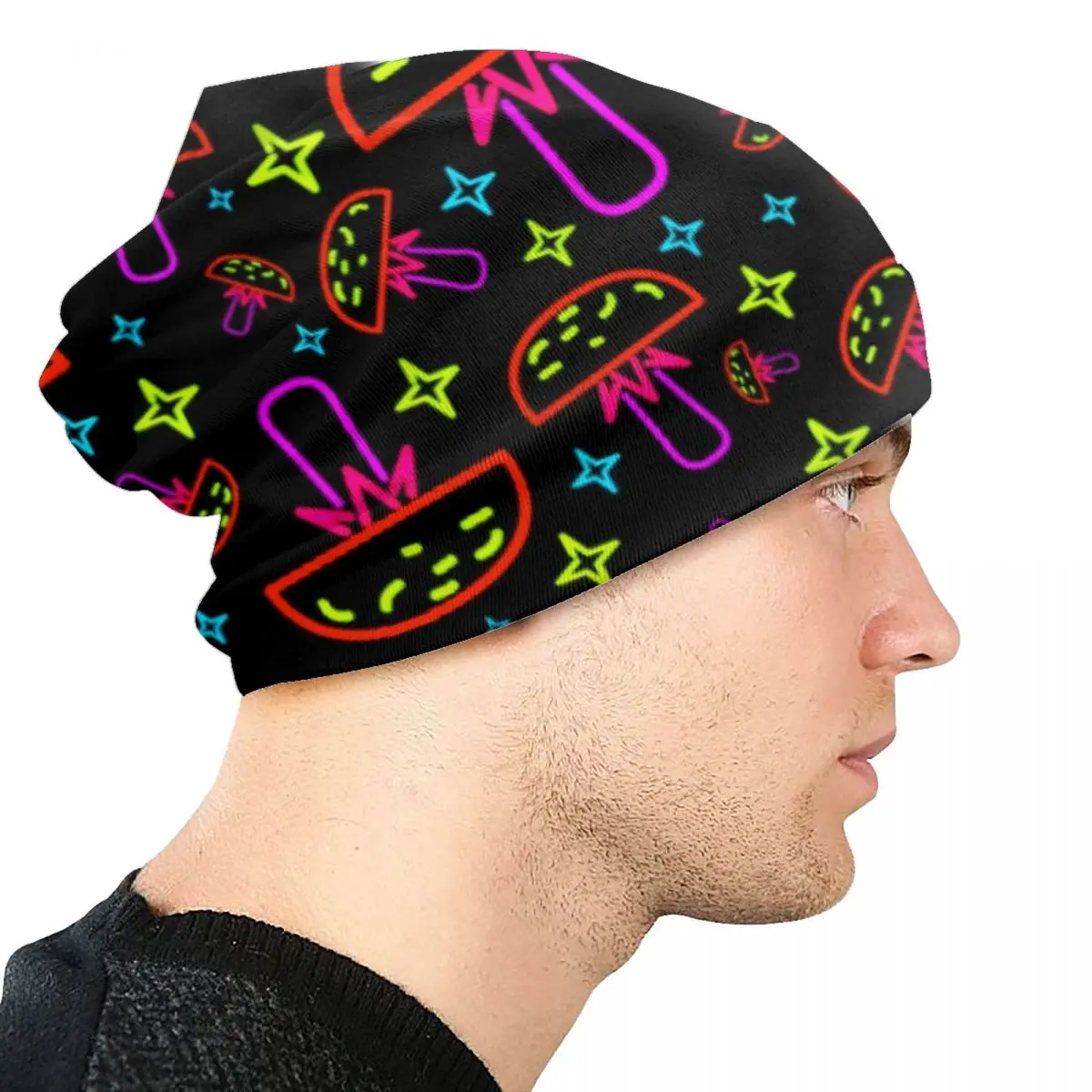 Neon Trippy Mushrooms Beanie Cap Winter Bonnet Femme Knit Hats Hip Hop Ski Magic Hippie Colorful Aesthetic Skullies Beanies Hats