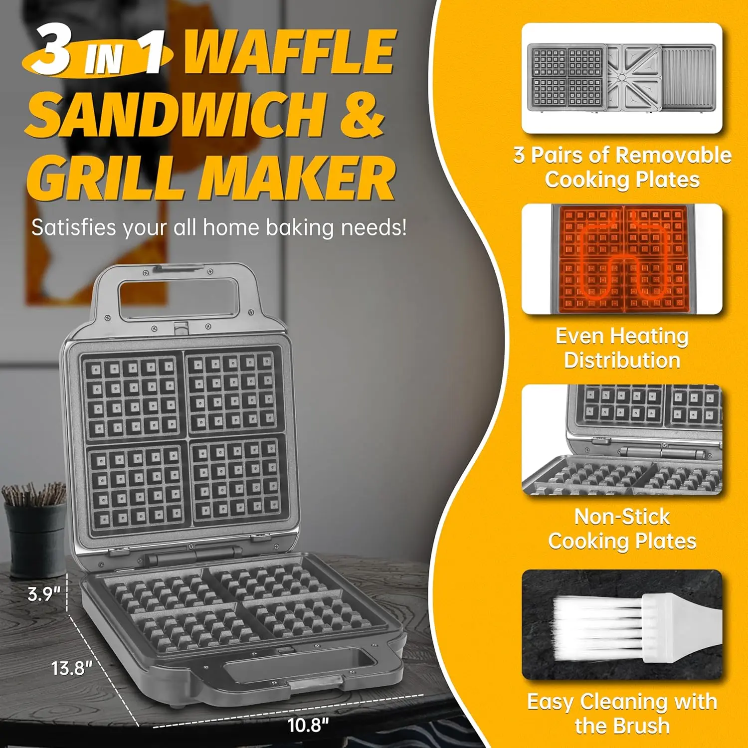 Waffle Maker with Removable Plates, Waflera Electrica, Large Waffle Iron, 3 in 1 Panini Grill Press Breakfast Sandwich M 2