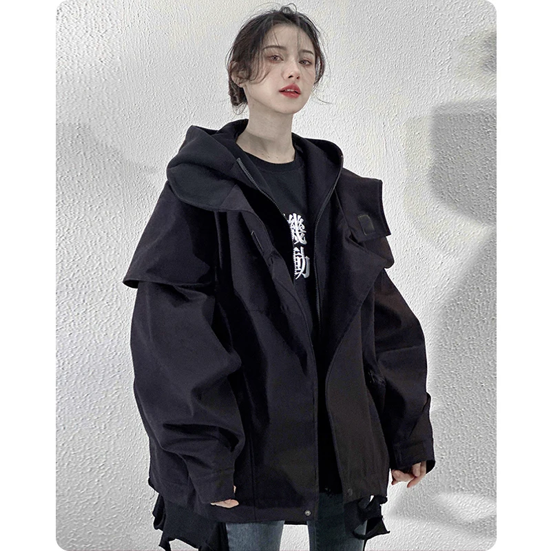 Unisex High Street Functional Cargo Jacket Techwear Fake two-piece Tactical Windbreaker Coats Streetwear Men's clothing Oversize 3