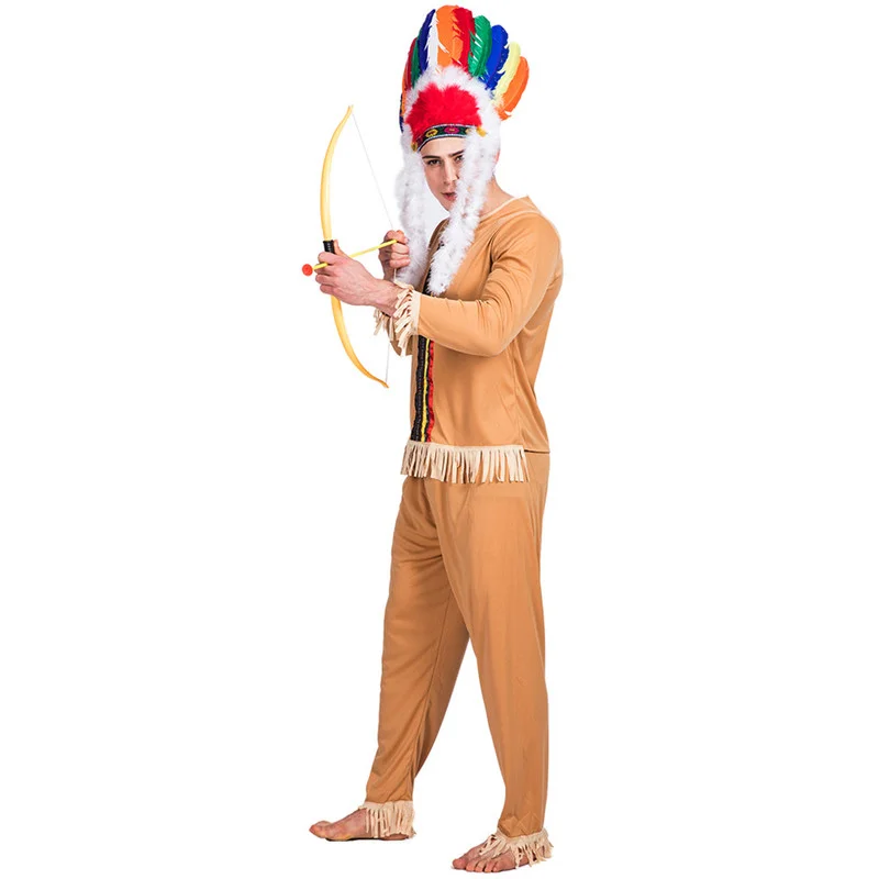 Men Cheap Native American Halloween Party Costume Indian Primitive Hunters Cosplay Suits Carnival Easter Purim Fancy Dress