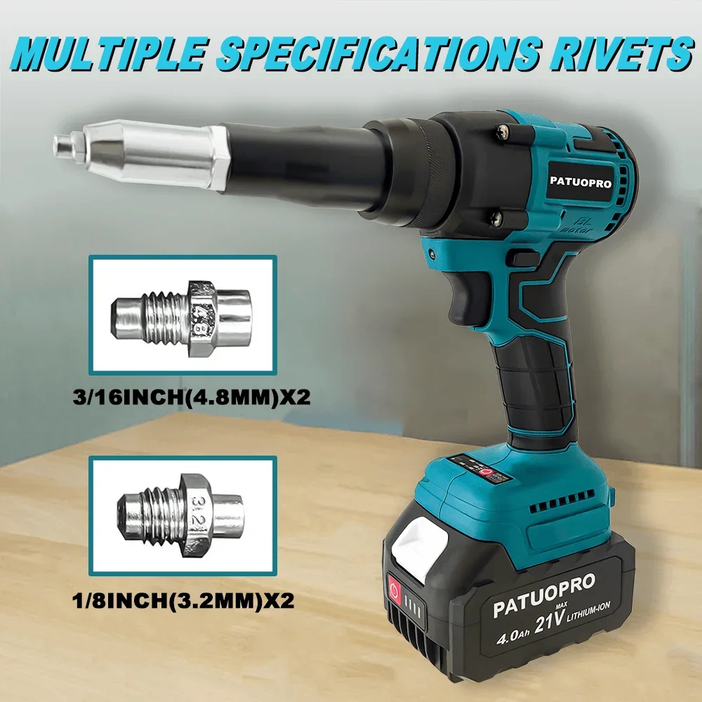 PATUOPRO Brushless Electric Rivet Gun Cordless Rivet Nut Gun Drill Insert Automatic Riveting Power Tools For Makita 18V Battery 6