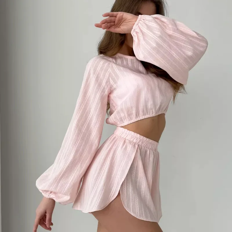 Spring and Summer Short Section Long-sleeved Shirt Shorts Two-piece Home Leisure Wearable Women's Two Pieces Set