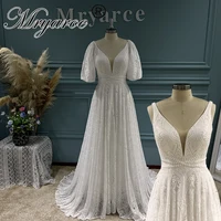 Mryarce 2022 Trending Detachable Statement Sleeves Plunging Neck Open Back Lace Wedding Dress Bridal Gowns 1