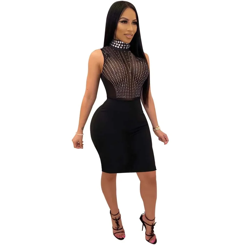 

Crystal Diamonds Sheer Mesh Dress Women Fashion Sexy Turtleneck Sleeveless See Through Mini Night Club Party Bodycon Dresses
