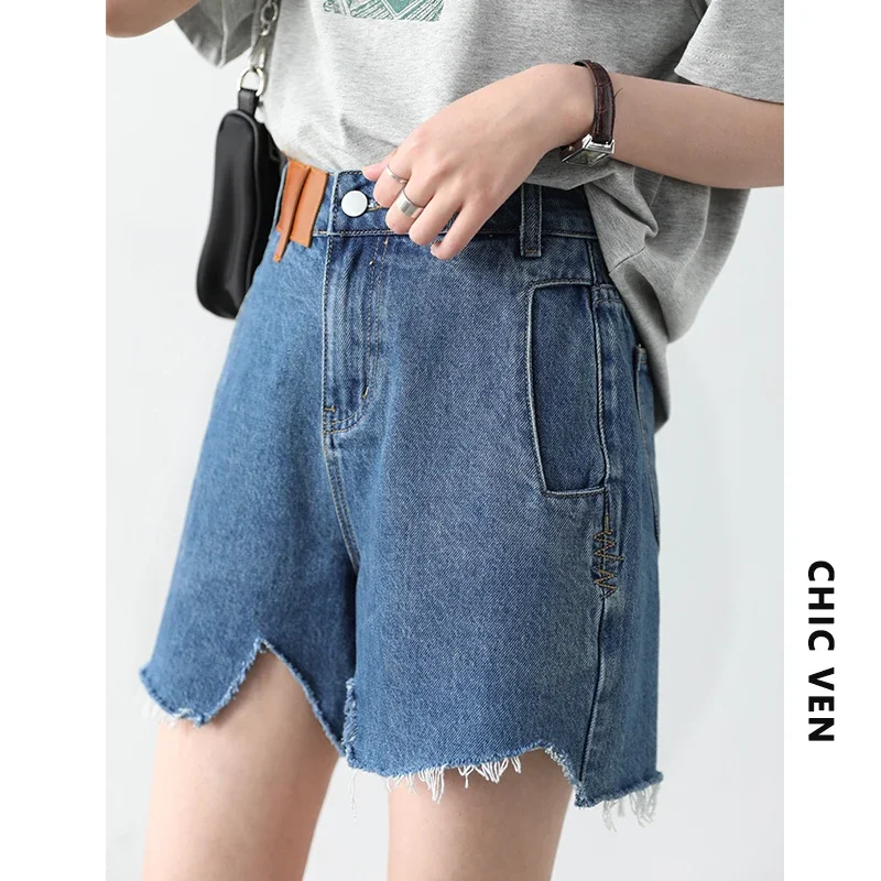 CHIC VEN Women's Denim Shorts Retro Irregularly Cut Blue High-waisted Short Jeans for Women Streetwear Pants Ladies Summer