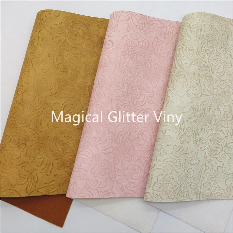 Flowers Embossed Synthetic Leather Vintage Faux Leather Fabric Sheets Felt Backing Sheets for Bows Craft 21x29CM Q946 leather fabric