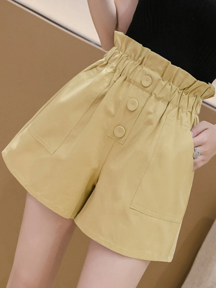 

2023 Women High Waist Shorts Summer Office Lady Casual Loose A-line Wide Leg Short Solid Color Fashion Pocket Trousers