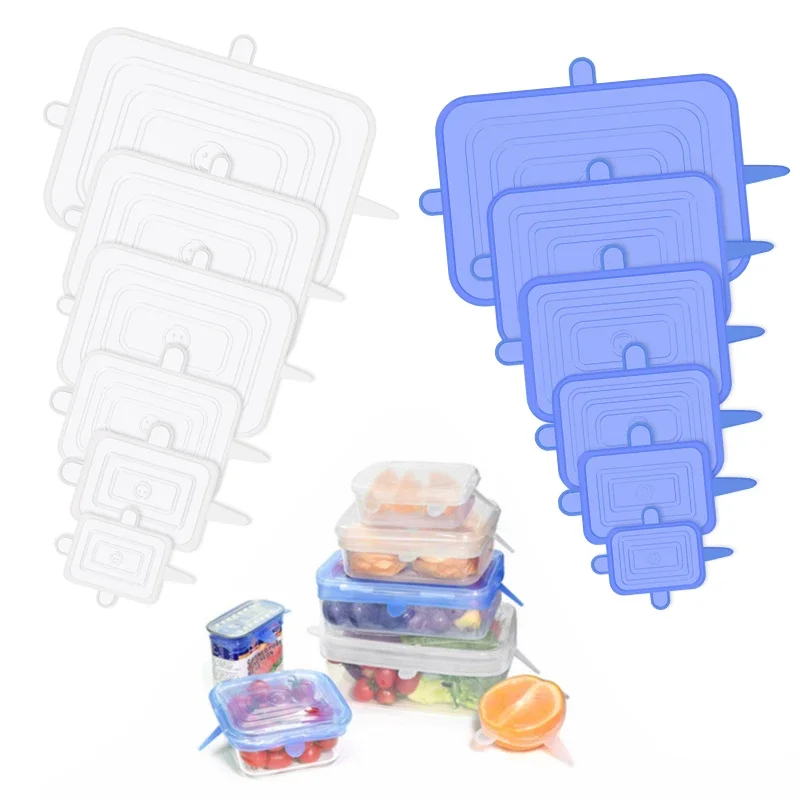 6PCS Square Silicone Stretch Lid Kitchen Tool Reusable Food Packaging Sealed Fresh Keeping food cover,bowl cover,fresh keeping cover,preservation cover,kitchen utensils,kitchen supplies
