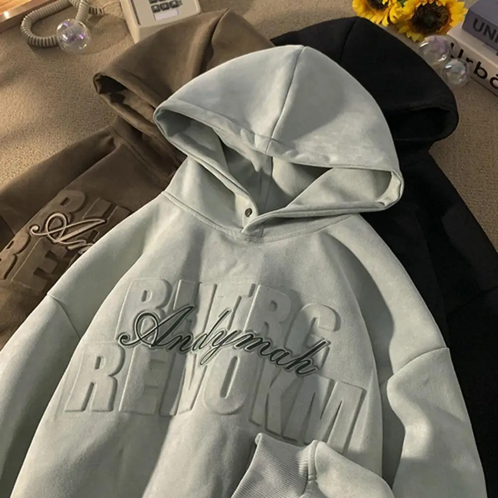 Men Hoodie Top Fall Winter Letter Pattern Long Sleeve Loose Pullover Hoodie Vintage Warm Sweatshirts Streetwear Men Top