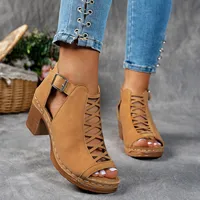 Sandales d'été élégantes pour femmes, talons épais compensés, talons hauts épais, bout ouvert, croix creuse, chaussures polyvalentes de mariage 4