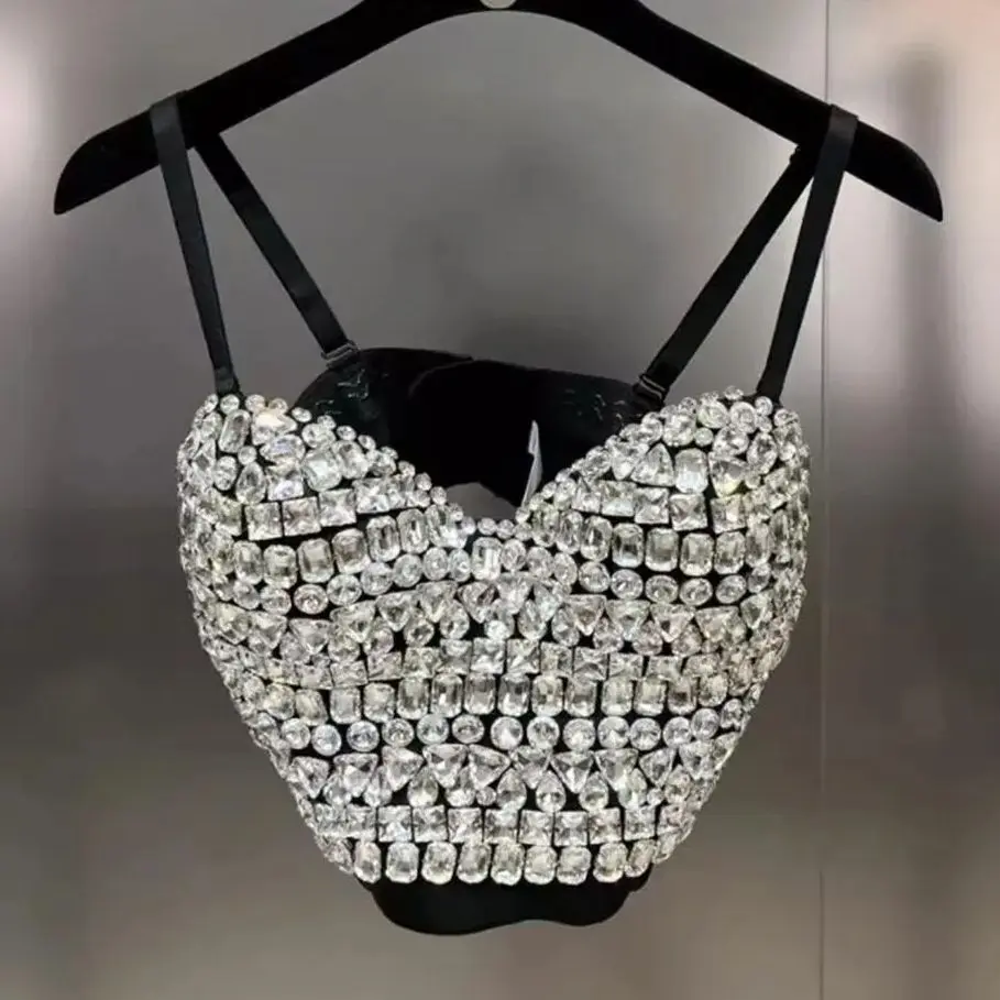 

New Arrivals Diamond Beading Luxury Camisole Women push up Bustier Bra Sexy Cropped top Female club party Tank Tops Y4618