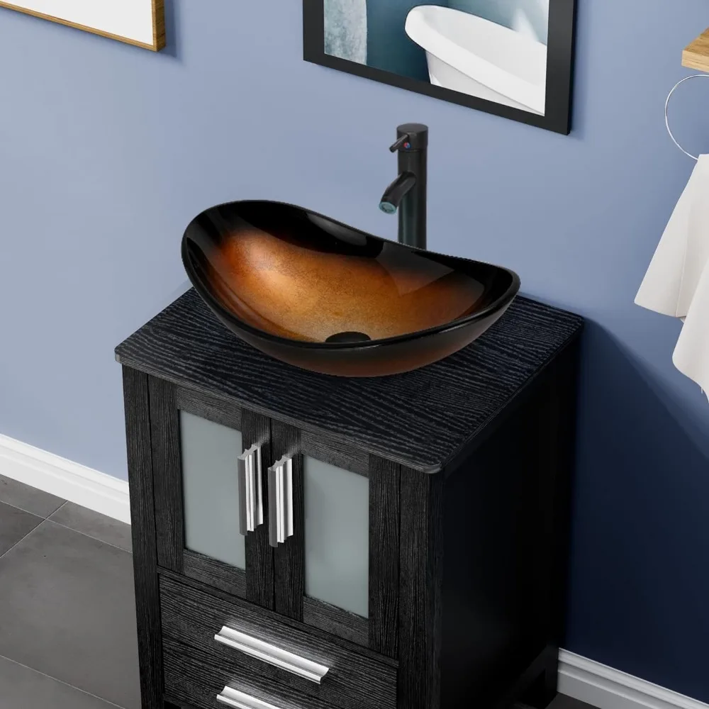 24" Black Bathroom Vanity with Tempered Glass Sink,Modern Bathroom Vanity Cabinet, Pop Up Drain Included,Mirror Not Included 4