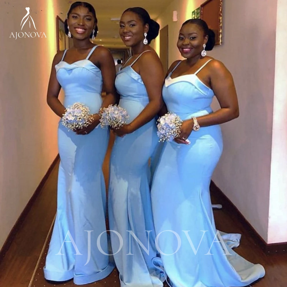 

Sky Blue Satin Bridesmaid Dresses for Women Elegant Wedding Party Dress Mermaid Spaghetti Straps Bridesmaids Woman Formal Dress