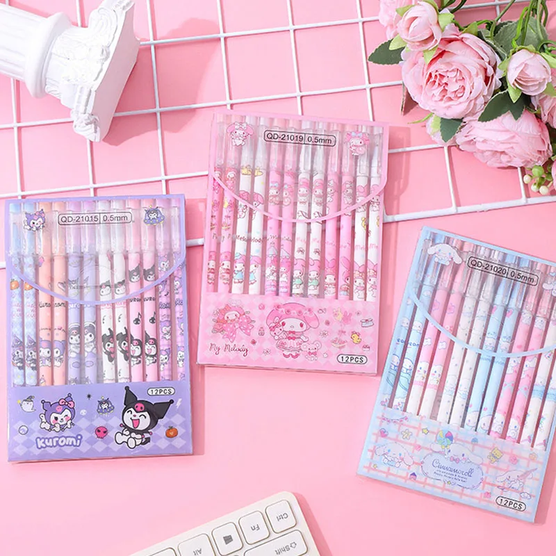 

12Pcs Cartoon Sanrio Kuromi Gel Pen Hello Kitty Cinnamoroll Pochacco Stationery 0.5 Black Blue Erasable Pen School Supplies Gift