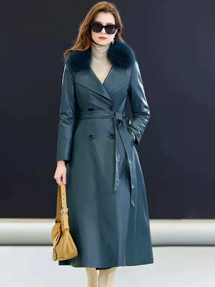 Italian Designer Women Fox Fur Collar Long Down Coat Double Breasted Belted Sheepskin Genuine Leather Jacket Winter OL Trench