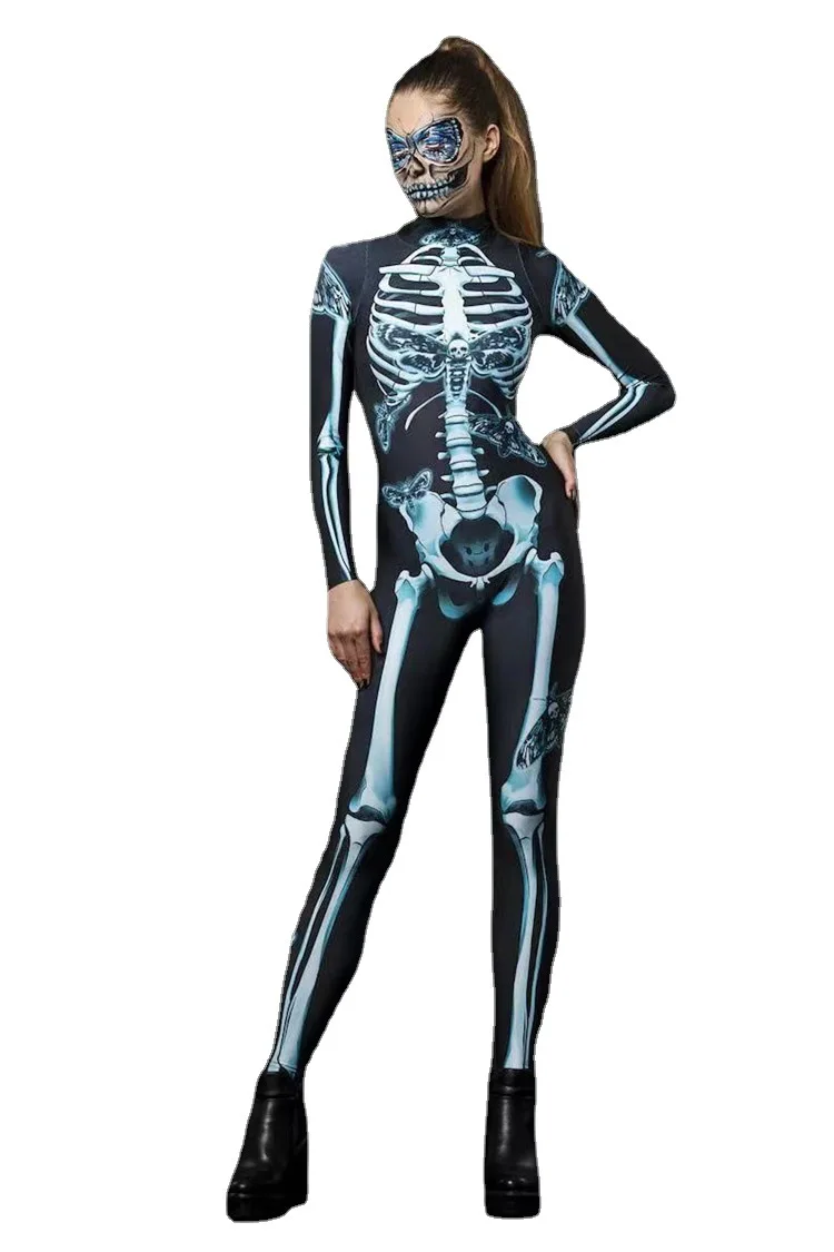 NEWUPZSI Costume De Squelette 3D Pour Femme - Combinaison D'Halloween Pour Femme - Combinaison Femme - Squelette - Combinaison Osseuse - Manches Longues - Skinny - Impression Numérique - Cosplay