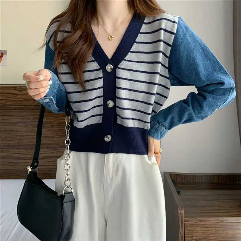 

Knit Sweater Cardigan Women 2023 Fall Korean Fashion Casual Loose Denim Long Sleeve Patchwork Striped Short Sweater Outwear Tops
