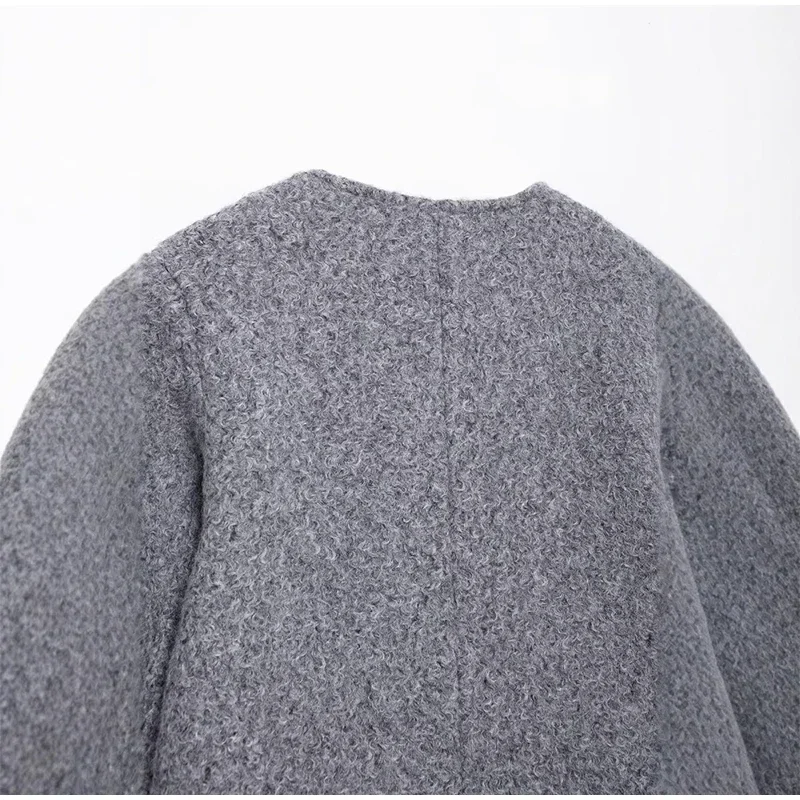 Elegant Woolen Blends Coat For Women O-neck Metal Button Gray Long Sleeve Pockets Jackets Autumn Lady High Street Outwear