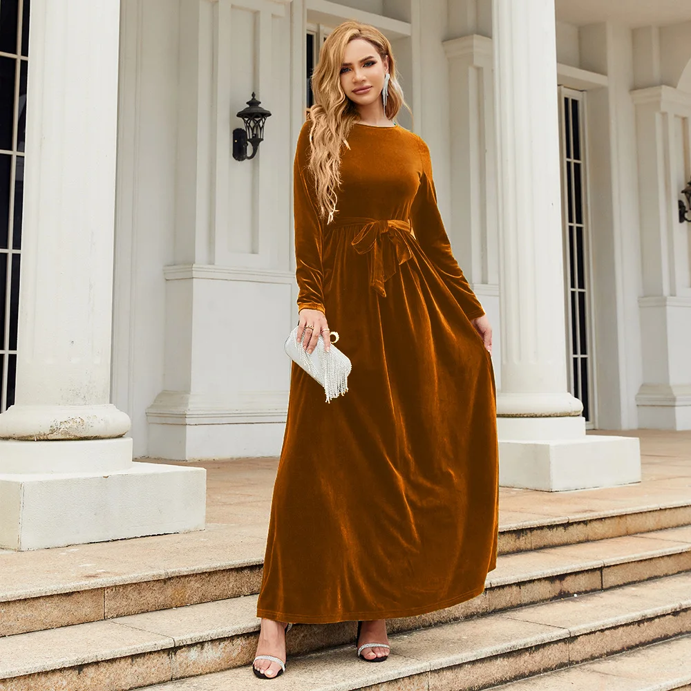 Elegant Temperament Velvet Pleated Long Dress Women Solid Color Long Sleeve High Waist Belt Party Maxi Dresses Evening Vestidos 4
