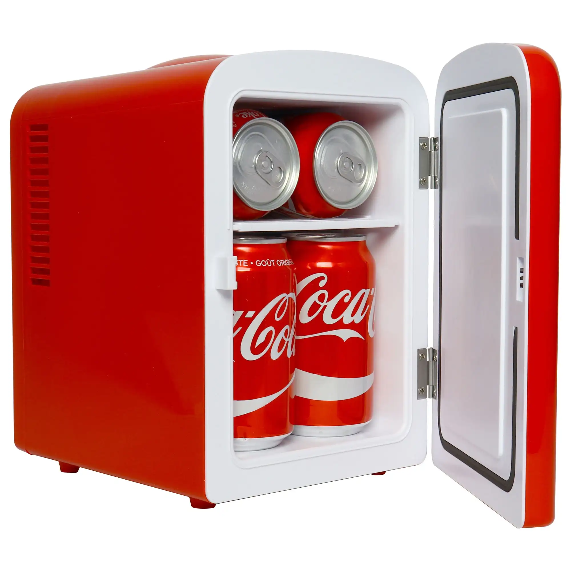 Coca-Cola Classic 4L Mini Fridge w/ 12V DC and 110V AC Cords, 6 Can Portable Cooler, Personal Travel Refrigerator