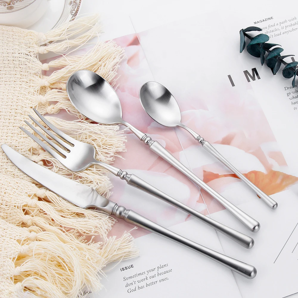 Stainless Steel Gold Cutlery Western Tableware Matte Sliver Dinner Set Mirror Knife Fork Spoon Elegant Flatware 4 Pcs 8 Pcs
