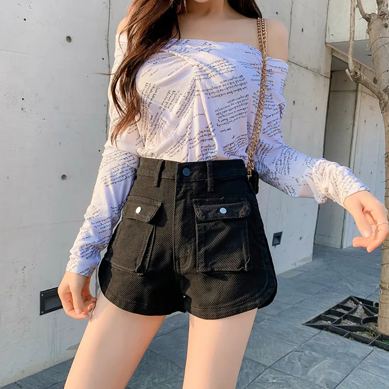 ladies shorts YUANYUANJYCO Korean Fashion Streetwear High Waisted Cotton Denim Shorts Women Summer A-Line Pockets Ladies Jean Short Bottoms fashion clothing