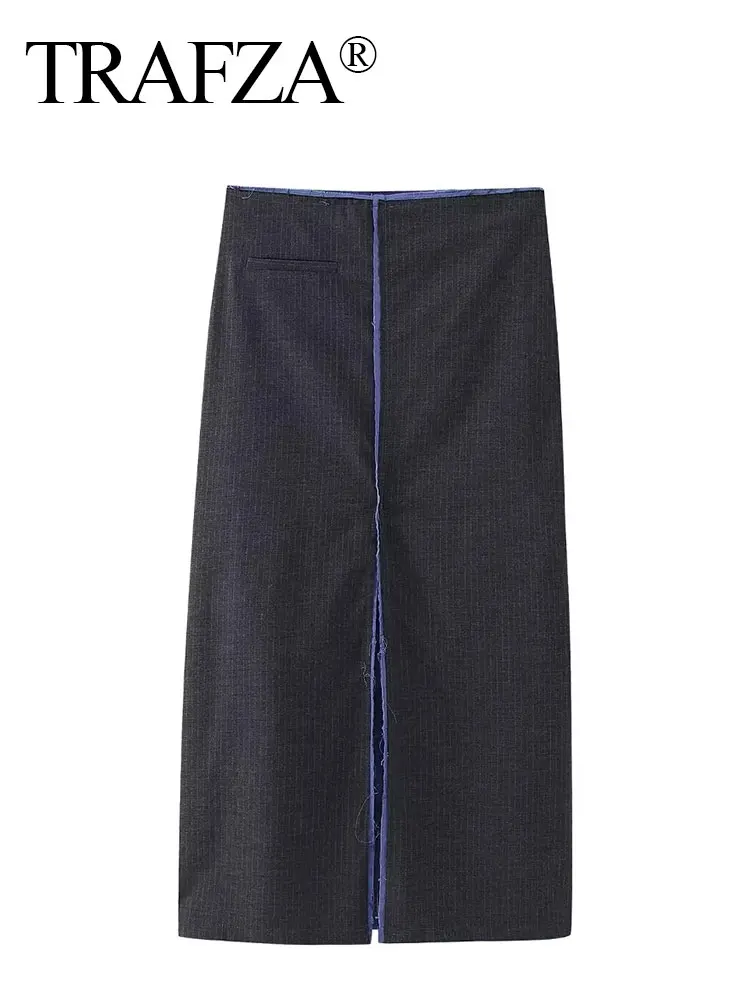 

TRAFZA Skirts For Women 2023 Stripe Loose Side Zipper Midi Skirt Female Chic With Pocket Formal Beach Outfits For Woman Skirts