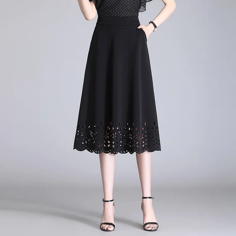 

Женская ажурная юбка с высокой талией, черная элегантная повседневная облегающая офисная юбка-трапеция средней длины с поясом на резинке, весна-осень 2308