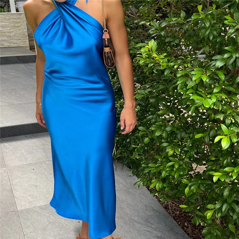 

Women Elegant Satin Dress Summer Backless Halter Neck Solid Color Sleeveless Bodycon New in Long Dress Cocktail Party Dresses