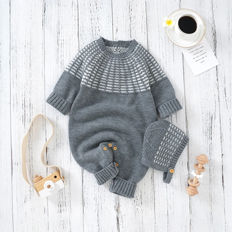 

Baby Rompers Long Sleeves Newborn Netural Jumpsuits Hats 2pcs Outfits Costumes Autumn Winter Knitted Infant Boys Girls Playsuits