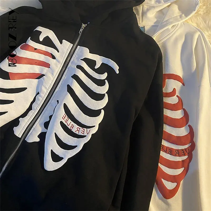 Boozrey Y2k Printing Skeleton Hoodies Women Gothic Black Zip Up
