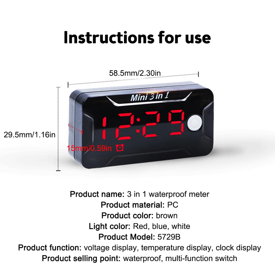 Termometro Voltmetro Orologio LED 3 In 1 - Per Auto, Moto, Barca, DC 5-50V - Foto 4