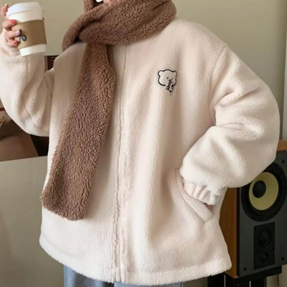 

Imitation Lambswool Jacket Thickened Plush Winter Jacket with Cartoon Bear Pattern Cozy Stand Collar Sweatshirt Coat for Women