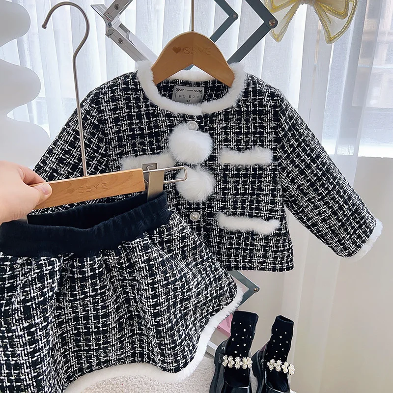 

Childrens Sets Girls Winter Season New Fashion Lattice Cotton Clip Coat Short Skirt Two Piece Versatile Round Collar